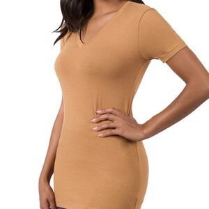 Zenana- Deep Camel V-Neck Slim Fit Tee- New Large- Fall, Basic, Casual, Comfy